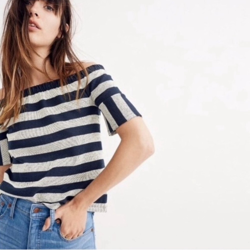 Madewell Striped Off-Shoulder Ribbed Blouse Top - Navy Blue & White Size Large